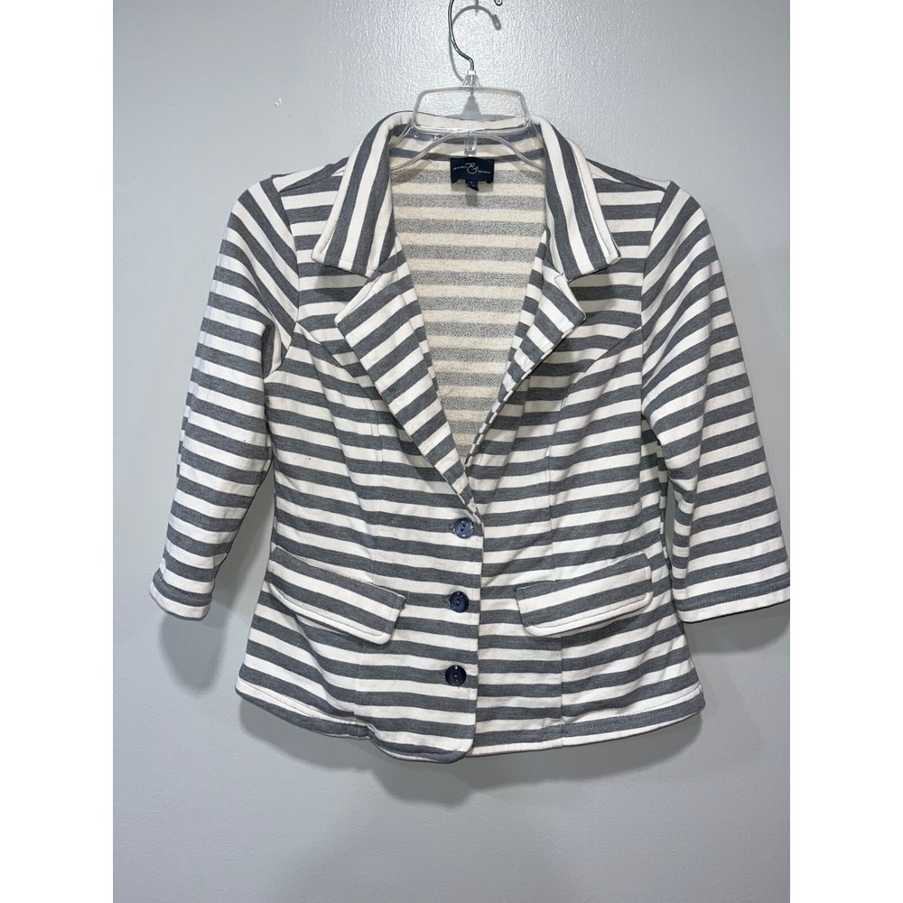 Market & Spruce Womens Striped Blazer Jacket Small Cotton/Polyester Gray & White
